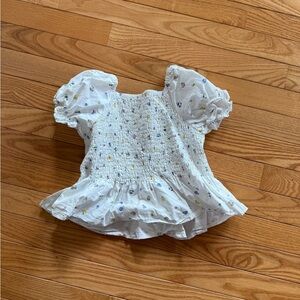 Zara White Smocked Puff-Sleeve Blouse with Tiny Floral Print